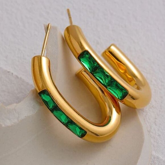 Gold Plated Emerald Cubic Zirconia Hoop Earrings - Picture 1 of 6